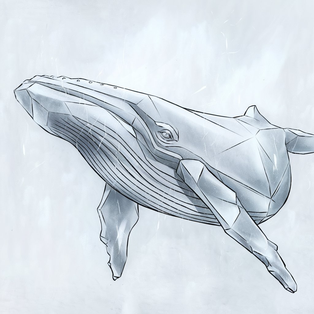 A minimalist, plain white background pencil drawing illustration of a whale sculpted entirely from ice. The whale is drawn in a simplistic style, with angular lines suggesting carved facets and sharp edges replacing the usual smooth curves. Light pencil shading emphasizes the reflective, glassy surface of the icy texture. Cracks and glints are subtly added to hint at its frozen nature. The eye is a small, softly shaded indent, giving the whale a quiet, statue-like presence. The drawing feels cold, still, and beautifully serene.