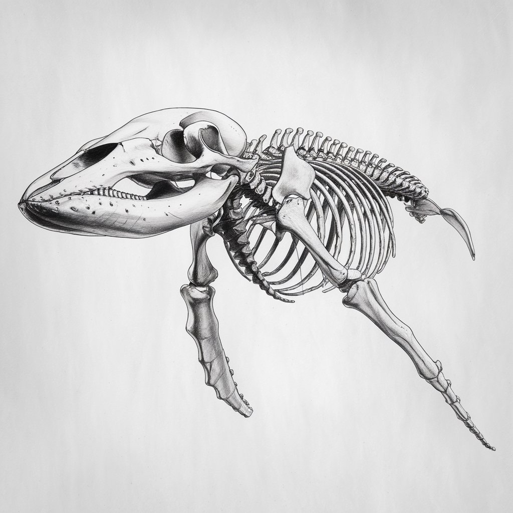 A minimalist pencil drawing of a whale's full skeleton, suspended mid-swim. The skeletal frame is drawn in a simplistic style, with individual ribs, vertebrae, and flipper bones illustrated using clean, linear strokes. Each section of the skeleton is proportionally spaced, with subtle shading to suggest structure and depth. The skull's gentle curves and open jaw are especially pronounced, hinting at the whale's former grace. The background is plain white.
