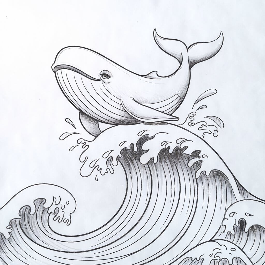 A pencil drawing of a confident whale surfing atop large, rolling ocean waves. The whale is drawn in a simplistic style, with smooth, fluid lines forming its large, powerful body. Its tail is raised in mid-surf, with splashes of water drawn in delicate, short strokes to highlight the dynamic movement. The whale's eyes are narrowed in a playful expression, as it rides the crest of the wave. The water beneath it is simply outlined, with waves shaped by curved, sweeping lines, maintaining a clean, fresh look to the scene.