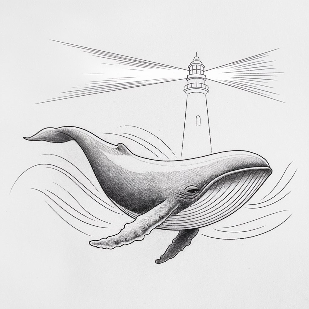 A pencil drawing of a whale swimming near a lighthouse. The whale has a smooth, elongated body and its small dorsal fin is subtly outlined. The lighthouse stands tall in the background with simple, clean lines. The light from the lighthouse is lightly shaded to show its glow. Soft lines around the whale’s body suggest gentle waves. The background is plain white.