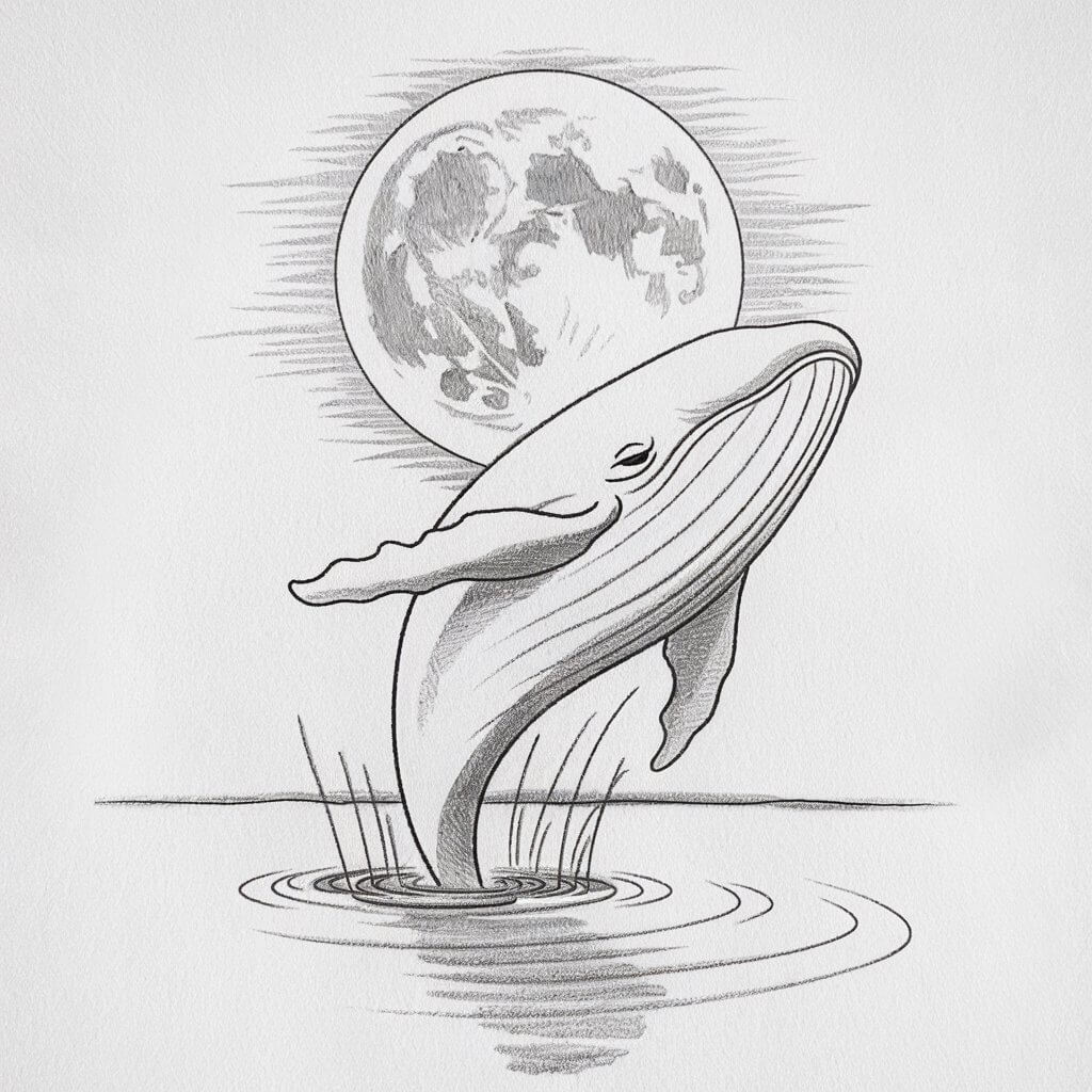 A pencil drawing illustration of a whale breaching the water's surface beneath a large, glowing moon. The whale is drawn in a simplistic style, with smooth, graceful lines emphasizing its curved body mid-leap. The moon above is lightly shaded with soft pencil strokes, showcasing faint craters and circular depth. A few ripple lines beneath the whale suggest water movement. The whale’s eyes are peacefully closed, and the overall tone of the drawing feels quiet and reflective, capturing a serene nighttime moment.