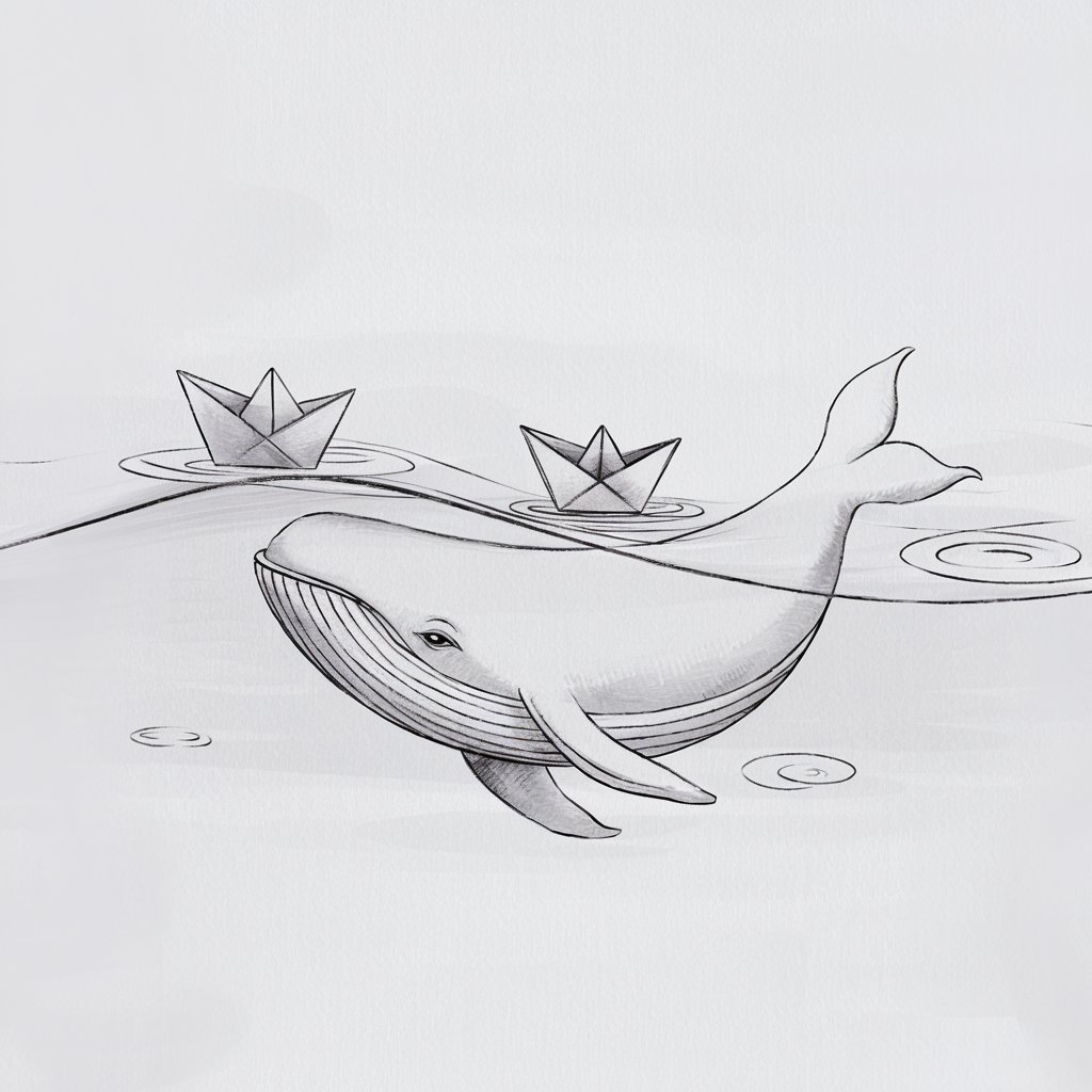 A minimalist, plain white background pencil drawing illustration of a gentle whale swimming beside tiny paper boats. The whale is drawn in a simplistic style, with elegant curves and a calm expression. The boats are folded in classic origami shapes and rest lightly on the sketched surface of the water. Soft ripples indicate the whale’s slow movement beneath the waves. The contrast between the whale’s large form and the delicate boats adds poetic charm, while the white space keeps the composition airy and focused.
