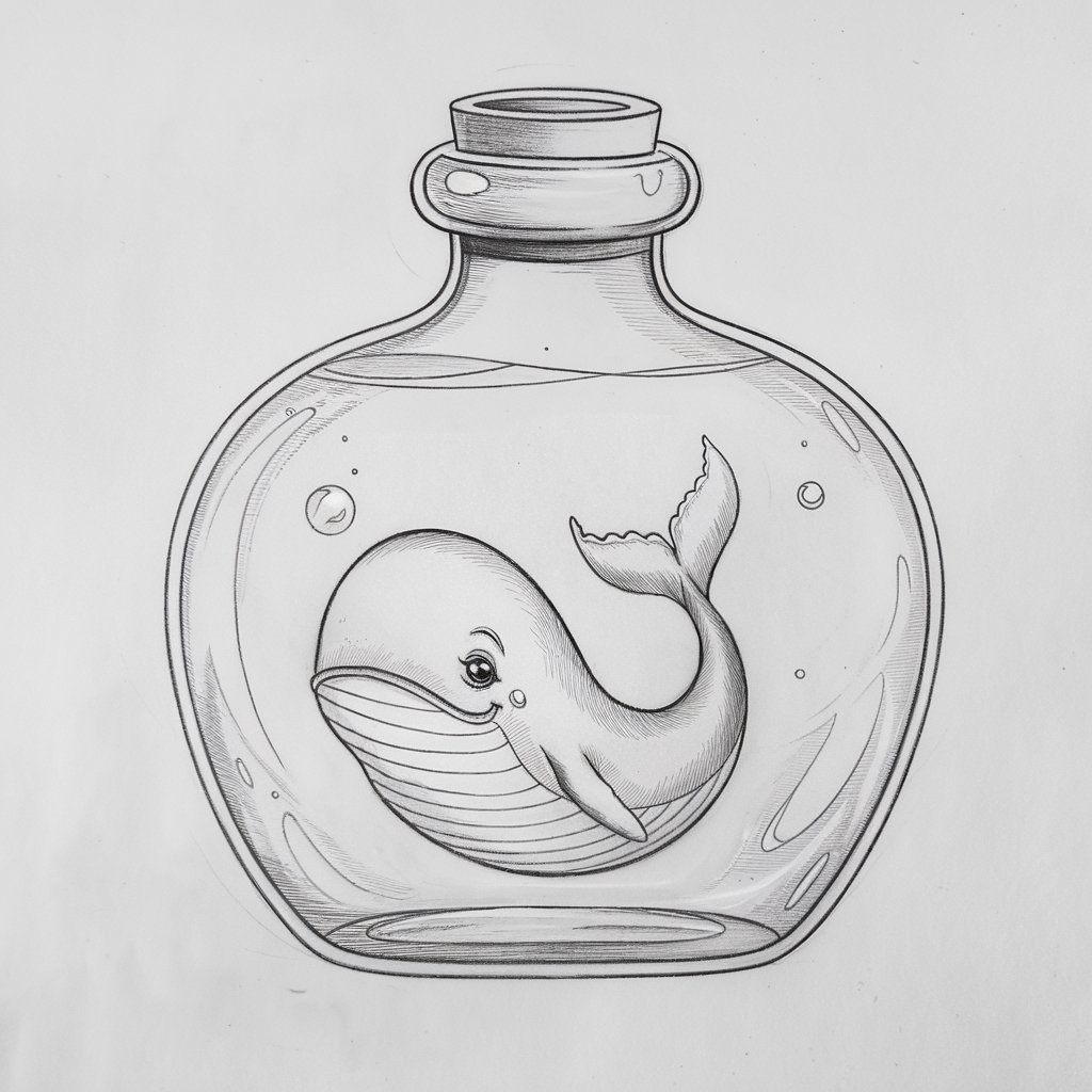 A pencil drawing of a small whale inside a glass bottle. The whale has a peaceful expression and is curled slightly to fit within the rounded bottle shape. The bottle is outlined with clean, smooth strokes and has a faint shading to give the illusion of transparent glass. There are small water ripples and a bubble or two around the whale. The background is plain white. The overall piece is whimsical and delicate, with a simple composition.