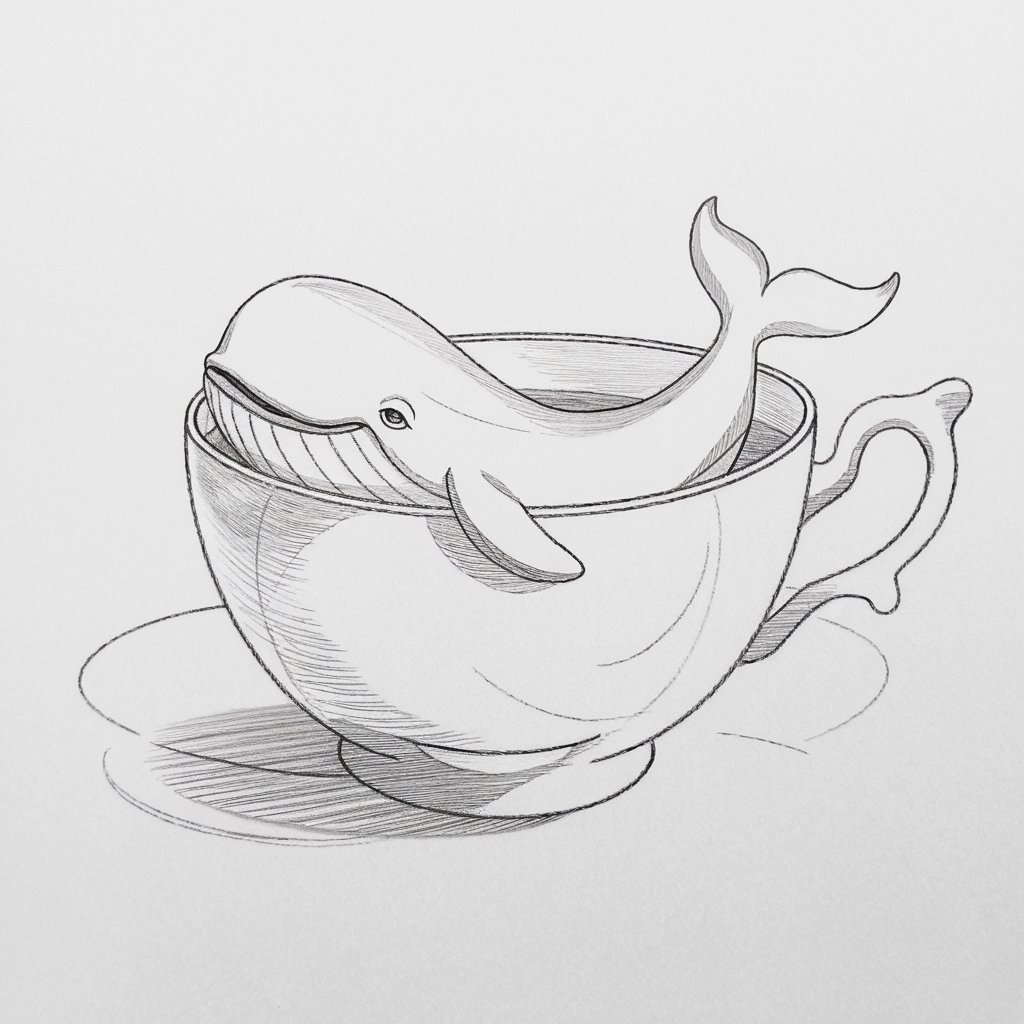 A pencil drawing of a small whale comfortably nestled inside a large teacup on a plain white background. The whale is drawn in a simplistic style, with smooth, rounded lines making up its body as it relaxes in the cup. The teacup is outlined with simple, elegant curves, with the handle and saucer included in the composition. Light shading under the whale suggests the soft water inside the teacup. The whale's expression is calm and content, enhancing the whimsical, dreamlike quality of the scene.
