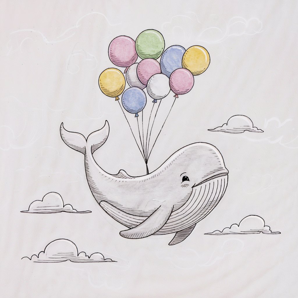 A pencil drawing illustration of a whale floating gently through the sky on a plain white background. The whale is tethered by colorful balloons. The whale's body is drawn in a simplistic style, with soft, curving lines defining its plump shape. The color shaded balloons are floating above it, each drawn as a simple circle with slight shading to show their roundness. The whale's tail curls upward in a playful manner, while its eyes convey joy. The clouds around it are softly drawn with minimal detail, highlighting the whimsical and lighthearted nature of the scene.