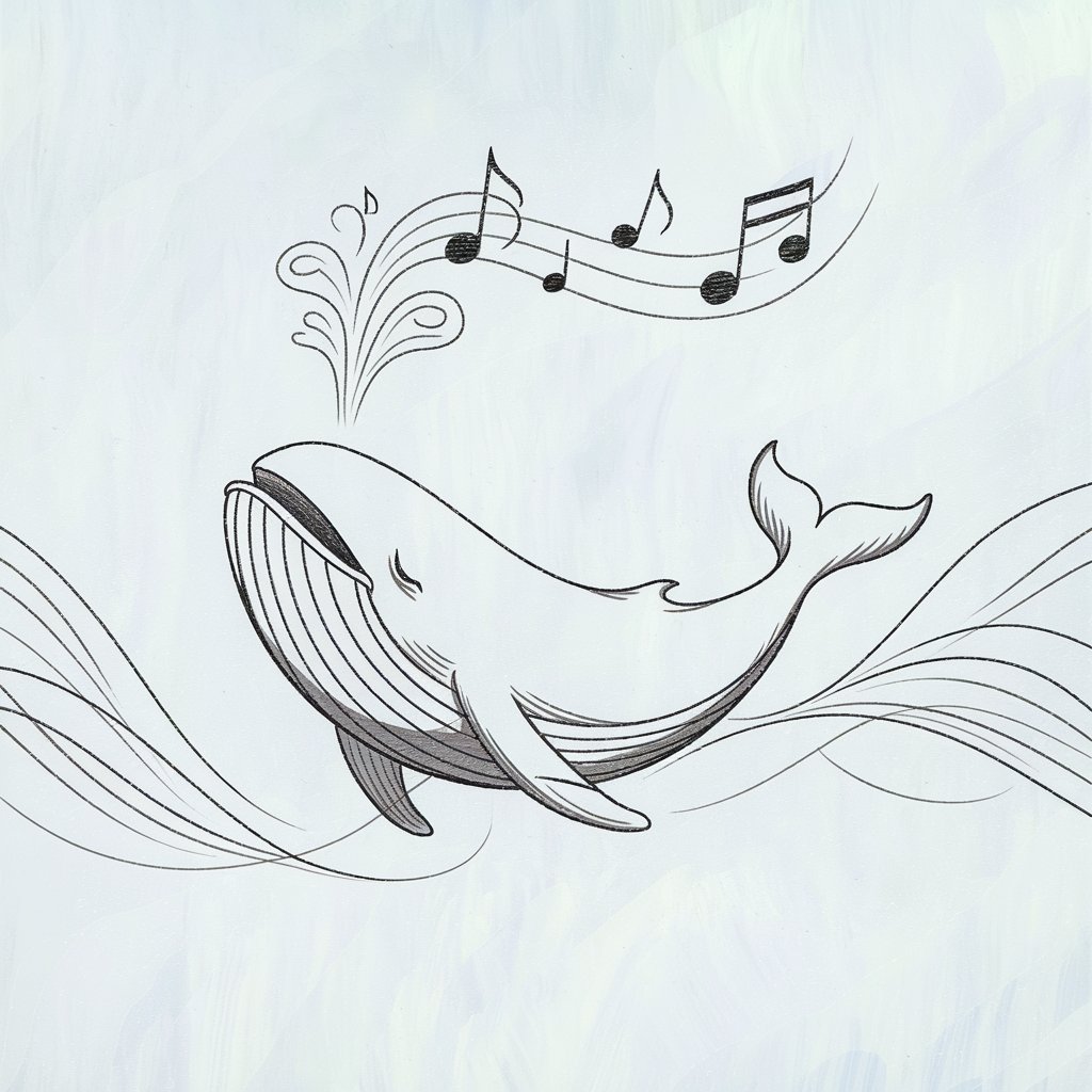 A minimalist, plain white background pencil drawing illustration of a whale singing, with musical notes floating from its blowhole. The whale is drawn in a simplistic style, with gentle, flowing lines forming its sleek body and tail. The musical notes are lightly sketched in the air, curving above the whale’s head in a delicate, flowing manner. The whale’s eyes are closed in concentration, and its mouth is slightly open in song. The waves surrounding it are drawn in light, sweeping lines, adding a sense of movement and rhythm to the piece.