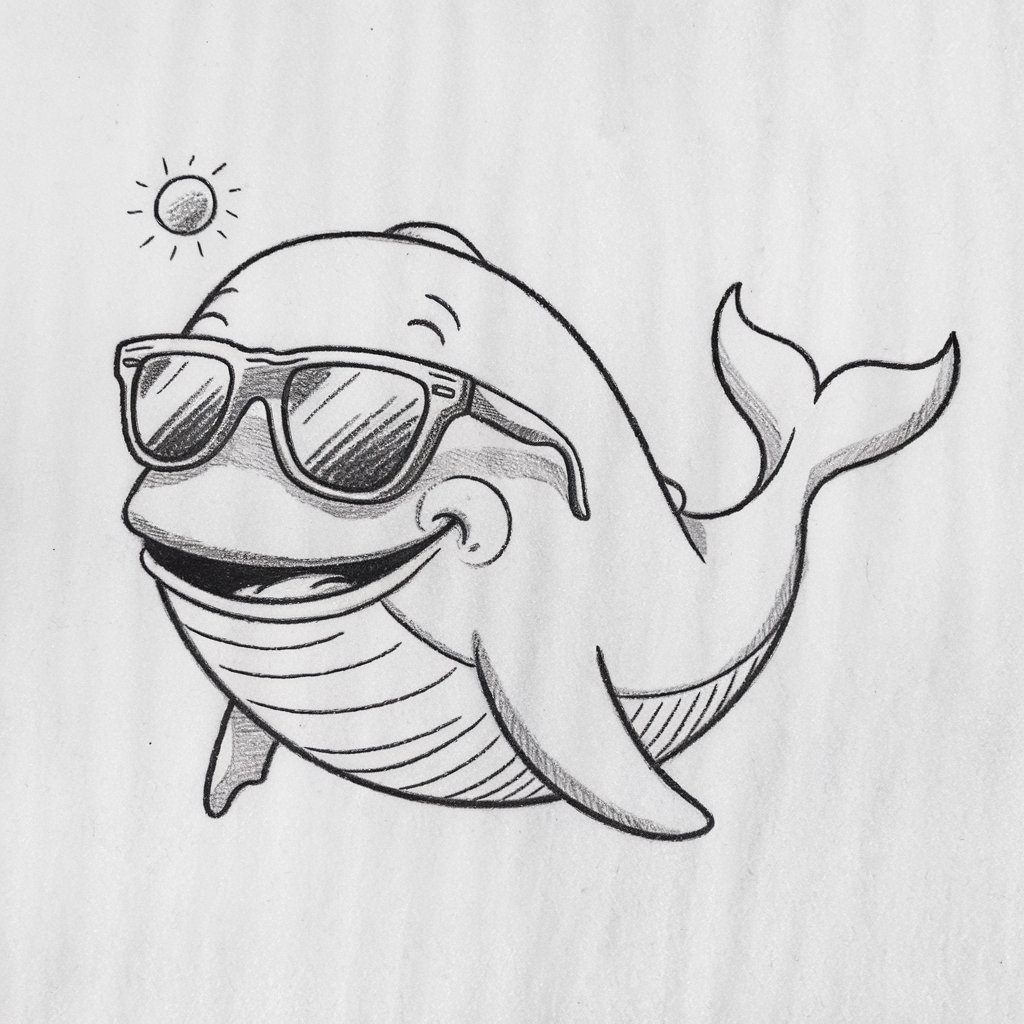 A minimalist pencil drawing of a cheerful whale wearing oversized sunglasses. The whale is drawn in a simplistic style, with smooth, curved lines forming its plump, relaxed shape. The sunglasses are bold and slightly oversized, sitting across its eyes with subtle reflections sketched into the lenses. Its wide grin and slightly raised fin suggest a laid-back, sunny vibe. A small sun is faintly drawn overhead, enhancing the playful, vacation-like mood while keeping the overall style clean and uncluttered.