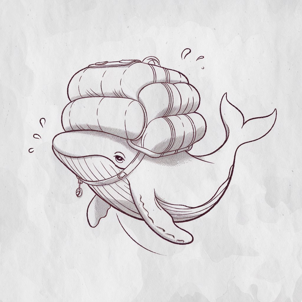 A minimalist, plain white background pencil drawing illustration of a curious whale wearing a large, softly padded backpack strapped across its back. The whale is drawn in a simplistic style, with soft, flowing lines that give it a sense of motion. The backpack is outlined with rounded edges and light shading to suggest fullness, with a few sketchy details like a zipper and a dangling charm adding character. The whale's eye is wide and adventurous, and its slightly angled fins give the impression that it's swimming toward a destination—ready for wherever the tide takes it.