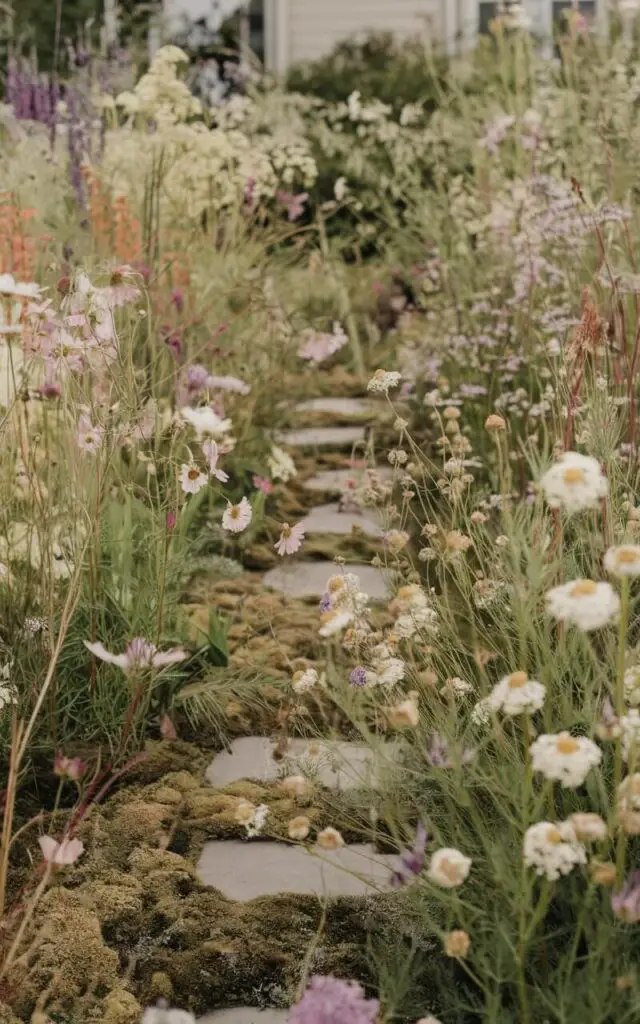 A photo of a wildflower-filled meadow-like flower bed in front of a house. The bed contains a variety of wildflowers, including coreopsis, cosmos, yarrow, and Queen Anne’s lace. The flowers are intentionally scattered, creating a naturalistic, free-flowing scene. There are a few stepping stones that can be seen amidst the greenery. The ground is covered with patches of moss and bare earth. The overall scene is untamed and poetic.