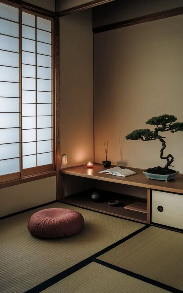 A photo of a serene Japanese living room with a Zen retreat in the corner. A meditation cushion sits on a tatami mat near a Japanese low platform sofa. There's a wooden shelf with a single incense burner, a flickering candle, and a chabudai table holding a closed book and a clay teacup. A bonsai tree is placed near the shelf. The room has a minimalist design with bare walls. Shoji screens allow soft light to filter in, casting patterns that encourage introspection and calm.