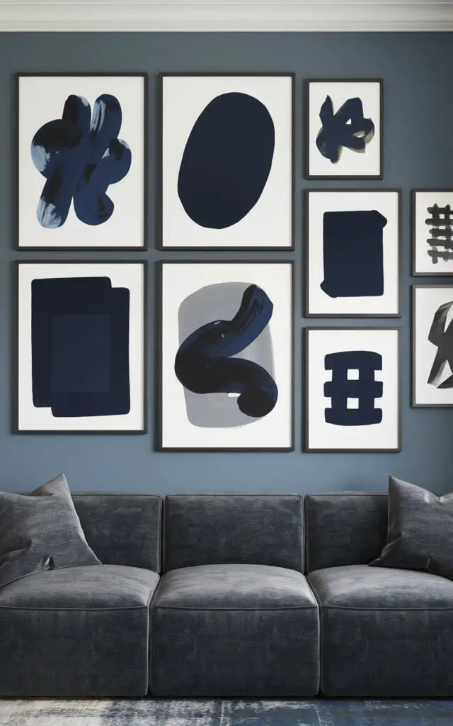 A contemporary blue and grey living room with a bold gallery wall of abstract artwork in shades of navy, slate, and grey. The room features a cozy sofa in matte grey chenille facing the gallery. The artwork ranges in form, with some featuring fluid brushstrokes and others geometric compositions. Each piece is framed in black or white to stand out against the muted blue-grey wall.