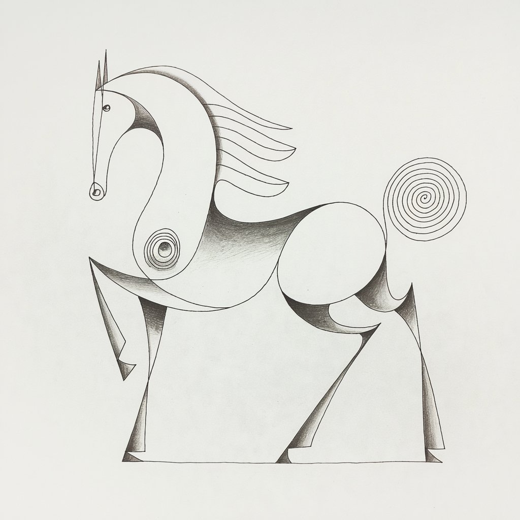A minimalist, plain white background pencil drawing illustration of a stylized, abstract interpretation of a horse. The horse is drawn in a simplistic style using flowing, geometric lines. The body is reduced to elegant curves and intersecting shapes—an arched neck, a spiraled tail, and legs suggested through rhythmic angles. The head is formed with a single contour line, while the eye is a tiny hollow dot. No realistic textures are included; instead, the composition plays with balance and symmetry. The artistic reduction creates a conceptual horse that remains captivating against the crisp, plain white background.