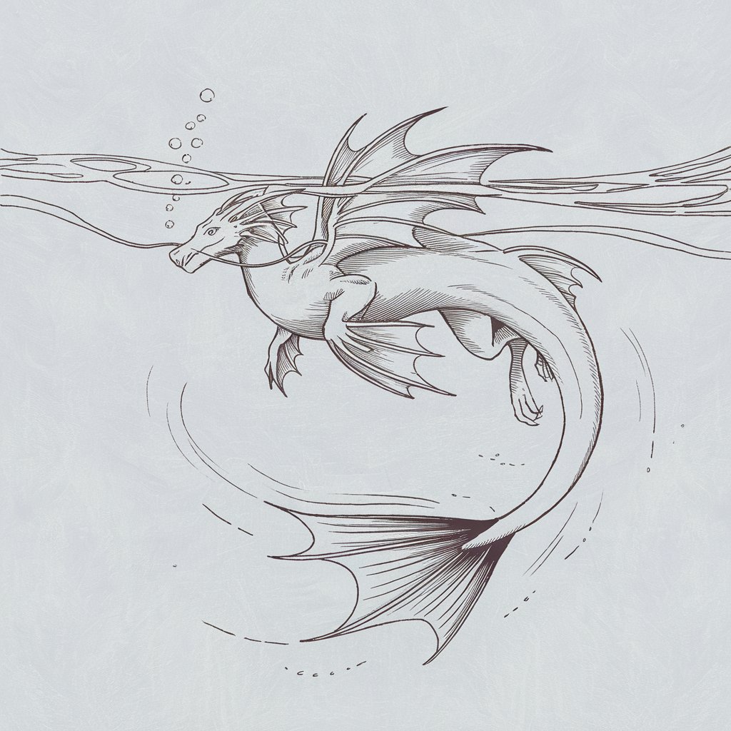 A minimalist, plain white background pencil drawing illustration of a dragon gliding through deep ocean currents. The dragon has fins replacing its wings and is drawn in a simplistic style, with wavy, fluid lines emphasizing movement. The dragon has gills, webbed limbs, and a streamlined body, giving it an aquatic elegance. Small bubbles rise from its mouth, indicated by faint circular outlines. The tail flares at the tip like a fan, and subtle shading adds a sense of depth to its sleek underwater form.