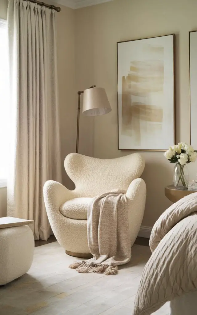 A photo of a beige bedroom with a reading nook. There is a sculptural accent chair in a creamy boucle fabric placed in the reading nook. The room also contains a cozy bed with fluffy bedding in sand and ivory tones. There is a delicate side table, a floor lamp for ambient lighting, and soft, abstract wall art. The chair invites lounging with a cozy throw draped over it, adding visual interest and luxurious comfort.