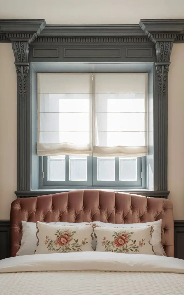 A photograph of a classically designed bedroom, with a focus on the elevated window. The window is framed by meticulously crafted trim painted in a rich charcoal gray, contrasting beautifully with the off-white walls and featuring intricate molding on the head and sill. Below the window, a plush bed with a tufted dusty rose velvet headboard is adorned with a crisp white comforter and decorative pillows displaying vintage floral embroidery. Soft morning light streams through partially drawn white Roman shades, creating a serene ambiance and gently illuminating the room.