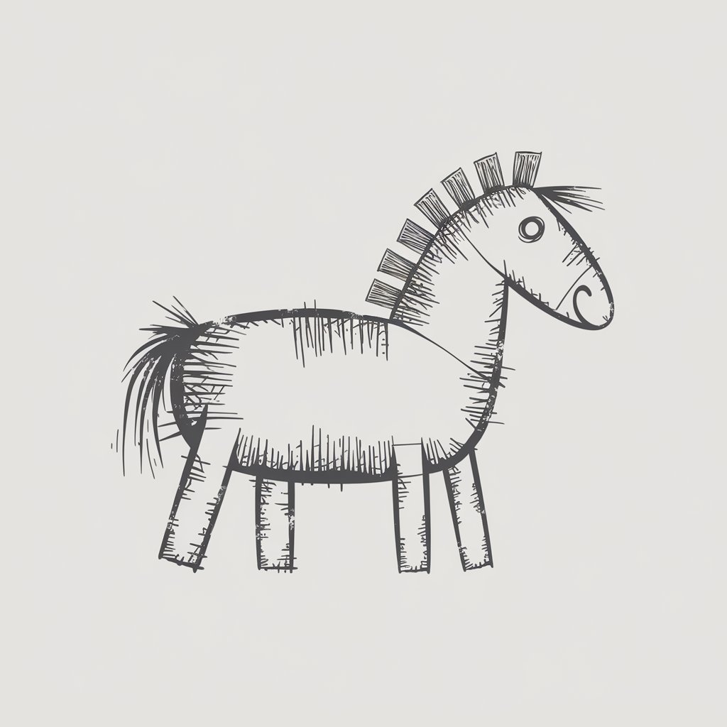 A minimalist, plain white background pencil drawing illustration of a primitive horse reminiscent of ancient cave art. The horse is drawn in a simplistic style with rough, uneven lines. The body is elongated and slightly abstract, with short, blocky legs and a thick neck. Its mane is a series of jagged, repetitive strokes along the top of the head. No detailed facial features are present—only a hollow, outlined eye and nostril convey the essence of life. Faint smudging and sketchy linework enhance the aged, weathered look, while the figure remains stark and primitive against the plain white background.