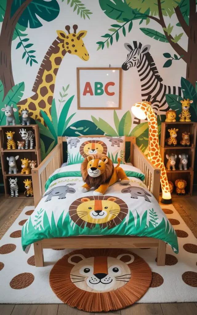 A photograph of a cozy toddler boy’s bedroom, centered on a comfortable toddler bed with vibrant bedding featuring smiling jungle animals. The bed is neatly made, with a plush lion playfully resting on top, positioned in the middle of the room, and a giraffe-shaped floor lamp casting a warm glow on the side. Wallpaper showcases playful giraffes, zebras, and elephants peeking through lush greenery, complemented by wooden crates filled with animal figurines lining the walls, and a lion-head rug defining a welcoming reading corner where a framed print displaying "ABC" hangs. The room is bathed in soft, natural light creating a playful and educational environment.