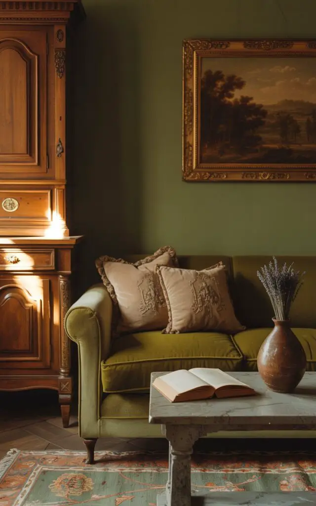 A photograph of a cozy living room bathed in the warm glow of a late afternoon sun. A plush moss green velvet sofa sits center frame, adorned with several antique embroidered cushions, next to a tall, intricately carved oak cabinet with gleaming brass hardware. An open book rests on an antique coffee table, alongside a rustic clay vase holding a single sprig of dried lavender, all anchored by a Persian rug in sage and rust tones. The room's deep green walls are accented by a vintage landscape painting, creating a timeless and inviting atmosphere.