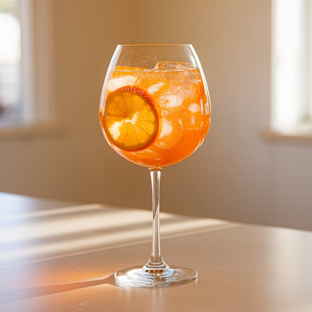 A photo of a large balloon wine glass filled with a bright orange Aperol Spritz cocktail. The cocktail is filled with ice and has an orange wheel tucked inside. Tiny bubbles cling to the surface of the drink. The glass is placed on a bright plain white kitchen countertop. The room is flooded with golden natural light, which makes the orange hue of the cocktail glow.