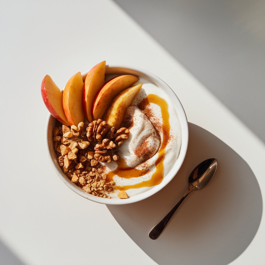 A warm bowl of yogurt with fried cinnamon-spiced apple slices, caramel-colored walnut pieces, and crushed graham crackers on a bright plain white kitchen countertop. The yogurt is visibly swirled with cinnamon. A glossy ribbon of maple syrup is drizzled across the top. The bowl is placed on a bright plain white kitchen countertop, illuminated by natural light that accentuates the warm tones of the apples and the toasty texture of the graham crumbs. A small, spoon rest nearby for an added touch of autumnal charm.