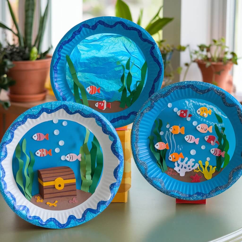 A photo of three paper plate aquariums on a table in a sunroom. Each aquarium has a circular window cut out of a paper plate and covered with blue cellophane to mimic water. Inside each aquarium, paper cutouts of fish, seaweed, and bubbles are glued in creative scenes. One aquarium features a pirate treasure chest at the bottom, another has a school of smiling fish, and the third aquarium is filled with various marine life. The rim of each plate is painted with wavy ocean designs, and glitter glue adds a sparkly, watery touch. The background contains potted plants and a window.