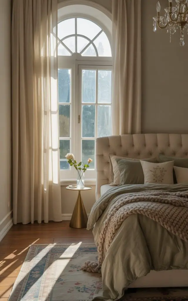 A photograph of a beautifully styled bedroom bathed in soft, natural light. A tall, arched window with classic white molding acts as the focal point, framed by semi-sheer ivory drapes that gently diffuse the sunlight. Beneath the window sits a plush bed with a tufted headboard, adorned with sage green linens, a chunky knit wool blanket, and scattered embroidered throw pillows; a small vase holding a few stems of white roses sits on the bedside table. A crystal chandelier reflects the light, casting a warm glow over the hardwood floors and a vintage rug, creating an atmosphere of sophisticated serenity and old-world charm.