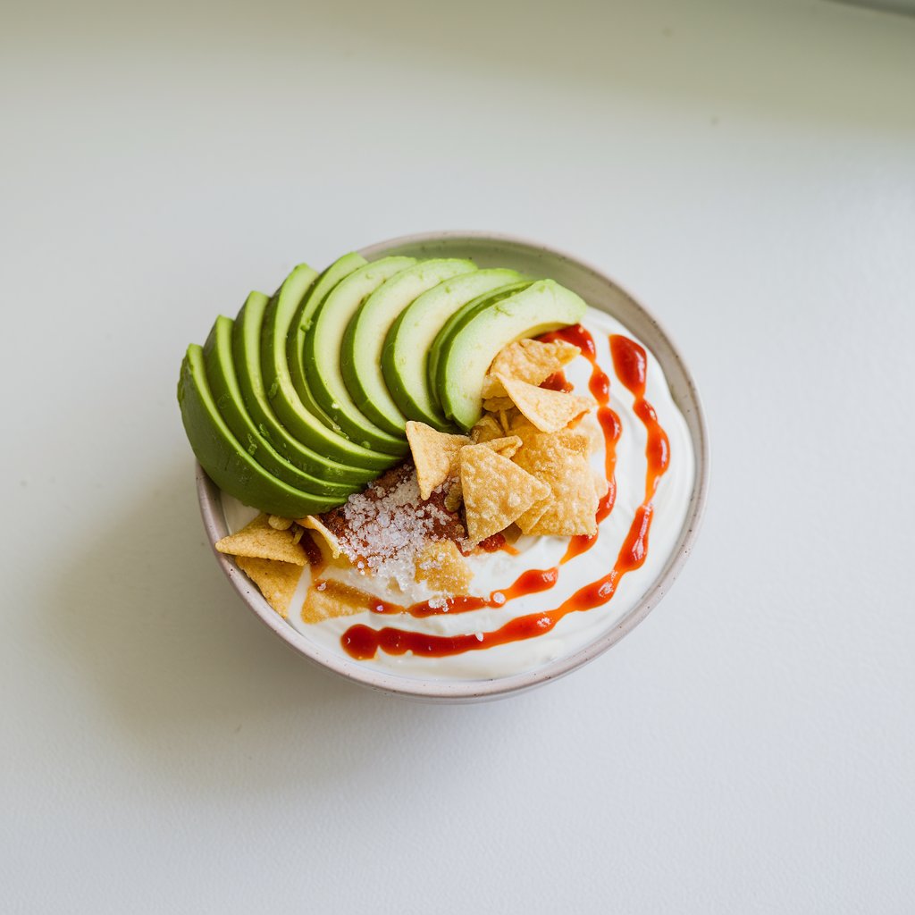 A photo of a yogurt bowl on a white kitchen countertop. The bowl contains plain yogurt, topped with creamy avocado slices fanned in a semicircle, bright red dashes of hot sauce, crushed tortilla chips, and a sprinkle of sea salt. The bowl is placed on a bright plain white kitchen countertop, where crisp natural light emphasizes the vibrant green of the avocado and the contrast with the red hot sauce.