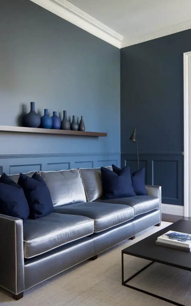 A serene blue and grey living room with walls painted in a perfect blue-gray tone that walks the line between both hues. The backdrop enhances every element in the room, including a very cozy sofa in silvery grey with oversized, plush cushions. Navy throw pillows add contrast, while white trim along the ceiling sharpens the room’s architecture. A sleek, floating wooden shelf holds a series of minimalist vases in graduated shades of blue. The balance of color gives the space a calm, tailored feeling—ideal for both relaxing and impressing guests.