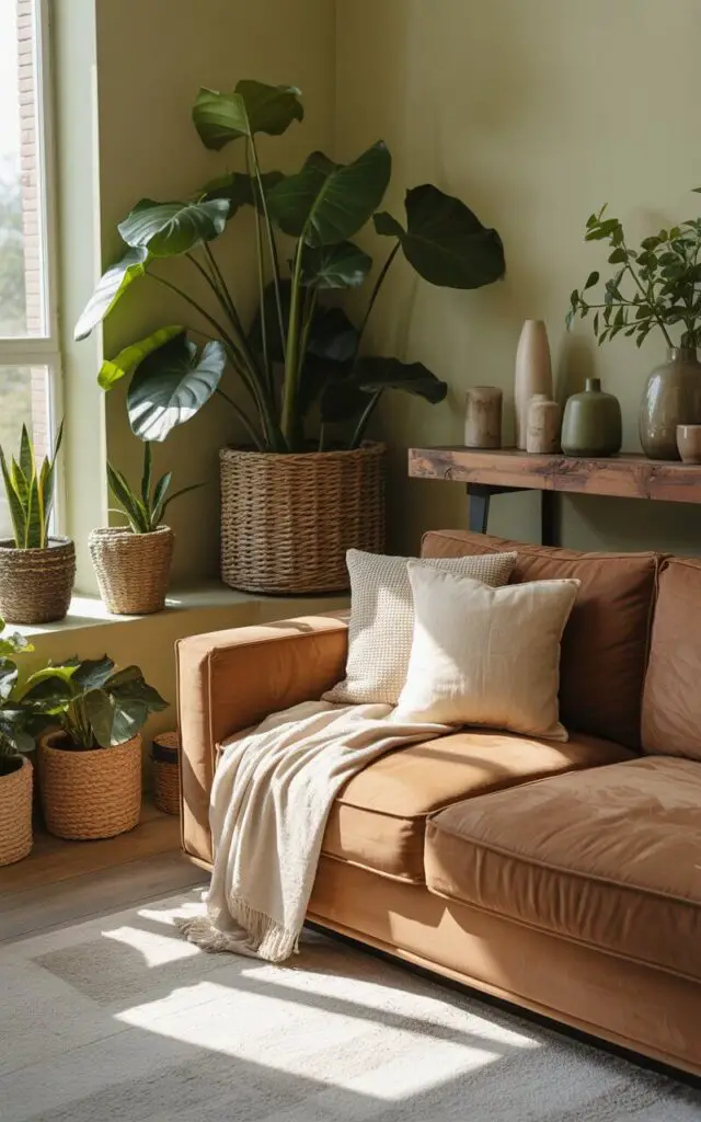 A photograph showcases a cozy living room bathed in warm natural light, with a plush cocoa-colored chenille sofa as the central focus. The low-slung sofa is adorned with a cream-colored throw blanket and several textured throw pillows, inviting relaxation beside an oversized monstera plant thriving in a large woven seagrass basket. Lining the nearby windowsill are several smaller potted plants in varying shades of green, each nestled in unique handwoven baskets, complemented by a reclaimed wood shelf displaying a collection of ceramic vases and leafy cuttings. Soft pistachio-green walls and the gentle glow from the window highlight the earthy textures and vibrant greenery creating a sense of tranquility.