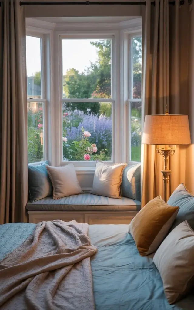 A photograph of a cozy bedroom nook bathed in soft morning light, centered around a large bay window. The window, composed of three tall panes that gracefully wrap the corner, offers a breathtaking view of a blooming garden filled with vibrant roses and lavender. Beneath the window sits a custom-built bench seat adorned with plush cushions in soft blue and cream, and diagonally across the room, a bed is layered with a pale blue duvet, a handwoven throw blanket, and a mix of velvet and linen pillows, creating an inviting reading retreat. Floor-length linen curtains frame the bay nook while a vintage brass floor lamp with a warm-toned lampshade casts a gentle glow, enhancing the tranquil atmosphere.