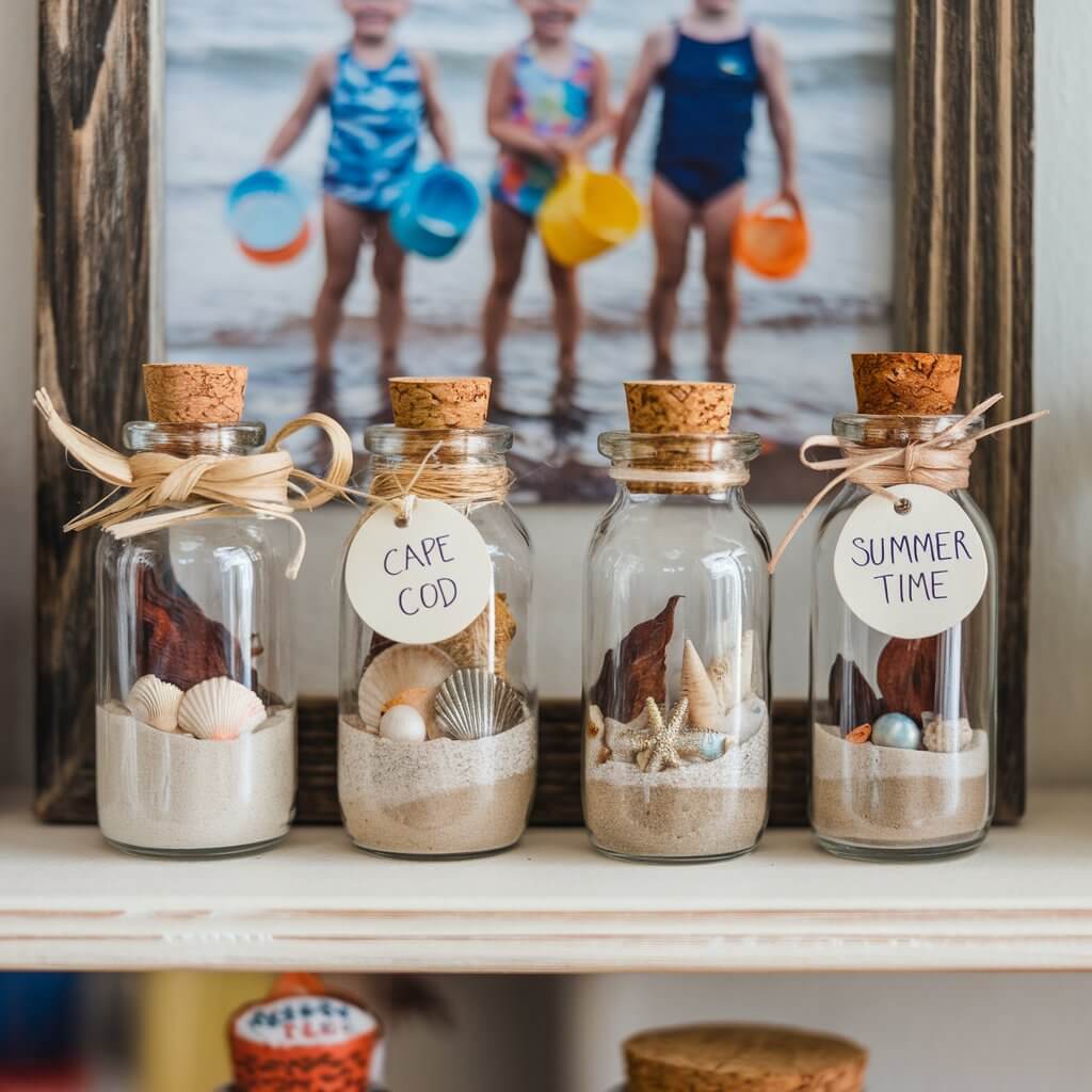 A photo of a shelf with four small glass bottles. Each bottle contains a tiny beach scene with layers of sand, mini shells, and dried seaweed. Some bottles have labels like "Cape Cod" or "Summer Time". The bottles are sealed with corks and wrapped in raffia or twine. Behind the bottles, there's a photo of three kids in swimsuits holding pails. The background has a wooden frame.