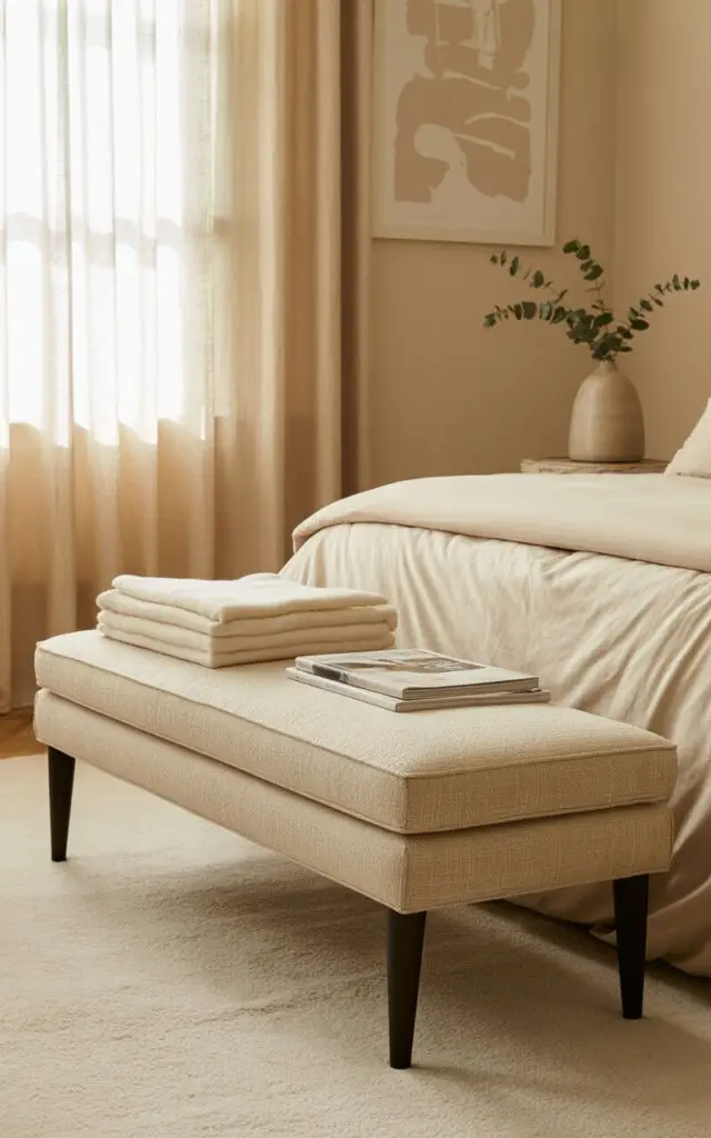A photograph of a tastefully styled beige bedroom centered on a soft upholstered bench. The bench sits at the foot of a plush, inviting bed and features a textured beige linen upholstery complemented by dark, tapered wooden legs. Neatly folded cream-colored blankets adorn the bench alongside a small side table holding a stack of design magazines and a ceramic vase with sprigs of eucalyptus. Warm, diffused light filters through sheer linen curtains, casting soft shadows across the plush wool rug and the abstract artwork subtly visible on the pale beige walls.