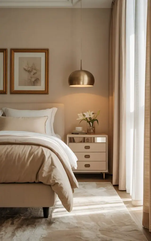 A photograph of a luxurious beige bedroom within a five-star hotel, radiating calmness and understated glamour. A king-sized bed with creamy beige bedding is centered in the frame, illuminated by a brushed gold pendant light hanging delicately above. The room showcases gold-framed artwork on the wall, a mirrored nightstand holding a small vase with white lilies, and soft taupe dresser accented with bronze drawer pulls. The space is grounded by a plush ivory rug, bathed in the gentle glow of natural light streaming through sheer linen curtains, creating a luminous and layered atmosphere.