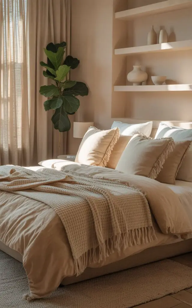 A photograph of a luxurious five-star hotel bedroom bathed in the soft glow of morning light. The focal point is a supremely comfortable king-sized bed, draped in a thick waffle-knit blanket, a sandy beige linen duvet, and an array of plush pillows—some smooth cotton, others adorned with delicate fringing—arranged invitingly.  A soft, cream-colored area rug anchors the bed, while muted oatmeal walls are accented by floating shelves displaying minimalist ceramic vases and a lush, leafy fiddle-leaf fig in the corner. Diffused sunlight streams through gauzy linen curtains, enhancing the tactile textures and creating a sense of warmth and restful tranquility.