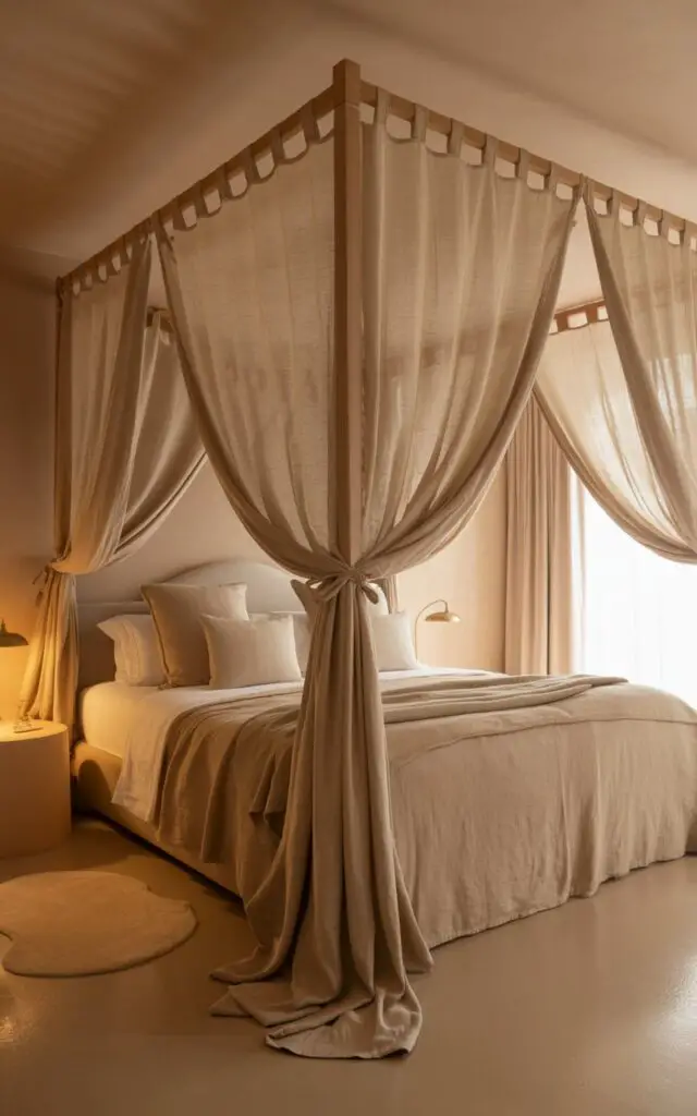 A photograph of a dreamy beige bedroom within a luxurious five-star hotel, centered around a stunning canopy bed. The bed features flowing, sheer beige drapes cascading from a natural wood frame and is layered with soft linen bedding in varying beige tones and accented with plush cream pillows, inviting a sense of calm. A soft, cream-colored rug lies on the polished wooden floor, while minimalist bedside tables with elegant lamps cast a warm, ambient glow and a large window frames the room with gentle golden light. The overall atmosphere exudes gentle luxury and effortless coziness, perfect for relaxation.