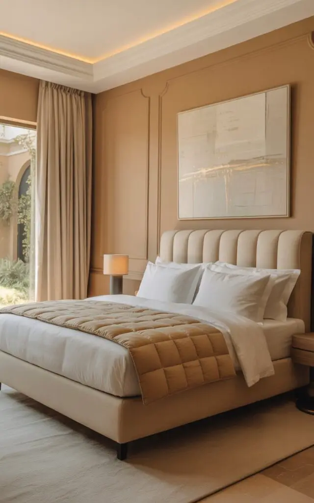 A photograph of a luxuriously appointed beige bedroom in a five-star hotel featuring a king-sized bed as the central focus. The bed is positioned against a feature wall with expertly painted walls in a warm almond hue, adorned with a tailored linen headboard, ivory sheets, and a soft tan quilt. A sleek wooden nightstand with a minimalist lamp sits beside the bed, while a large abstract painting with subtle gold accents hangs above it, illuminated by the gentle glow of recessed lighting. The room is pristine and quiet, with soft beige curtains partially drawn to reveal a glimpse of a tranquil garden beyond.