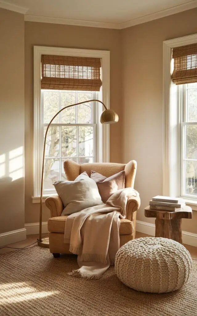 A peaceful corner of a beige living room transformed into the ultimate reading retreat. Nestled beneath a sunlit window, a very cozy armchair in warm biscuit-beige is piled high with oversized cushions and a cashmere throw. A slim brass floor lamp arches overhead, casting a gentle light on a stack of books resting on a rustic oak side table. The walls are painted in soft beige with a matte finish that absorbs the afternoon glow. A boucle pouf adds a footrest, while woven blinds filter natural light. It's a snug, story-filled haven within a tranquil, tonal space.