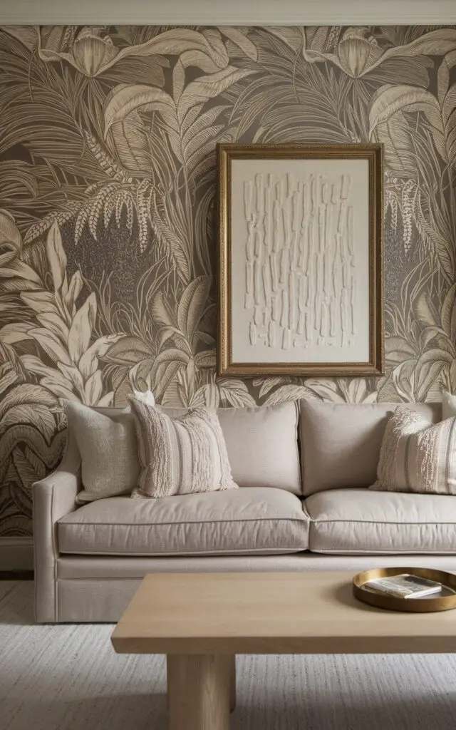 A photo of a beige living room with a dramatic beige botanical wallpaper. A cozy flaxen-beige sofa is placed against the patterned wall. A gold-framed abstract art piece hangs on the wall, adding dimensionality. A light oak coffee table and boucle accent pillows are placed on the room's neutral furnishings. The room is proof that beige can be dramatic, stylish, and full of personality.