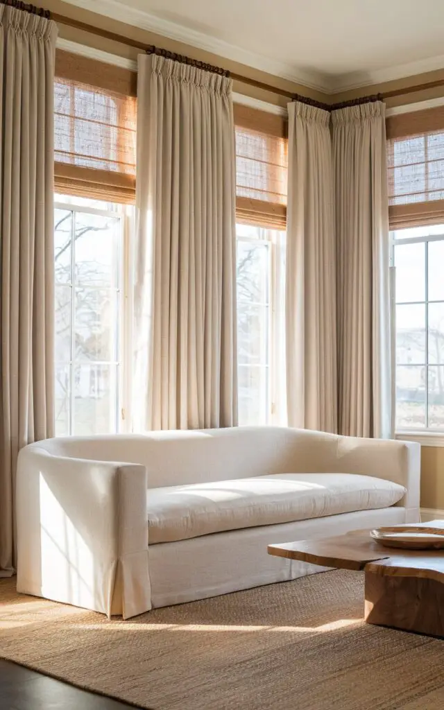 A photo of a beige living room with elegant, full-length beige Roman shades. The room has a very cozy sofa upholstered in pale sand fabric, positioned to take in the filtered sunlight. Linen drapes soften the lines of tall windows, while woven Roman shades add texture and functionality. A natural fiber rug and a slim walnut coffee table create a grounded base. The walls are a creamy vanilla-beige. The room has a soft, diffused, and effortlessly graceful ambiance, ideal for morning light and afternoon lounging.