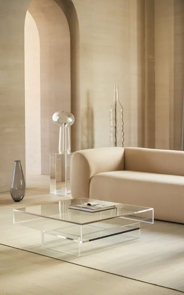 A photo of a light and airy beige living room with clear acrylic and glass accents. The room has a very cozy beige sofa and a floating acrylic coffee table. There is a sculptural glass floor lamp and a minimalist glass vase. The walls are stone-colored, and the flooring is pale wood. The transparency of the acrylic and glass elements keeps the beige tones feeling fresh and modern, while their reflective surfaces gently amplify light throughout the room.