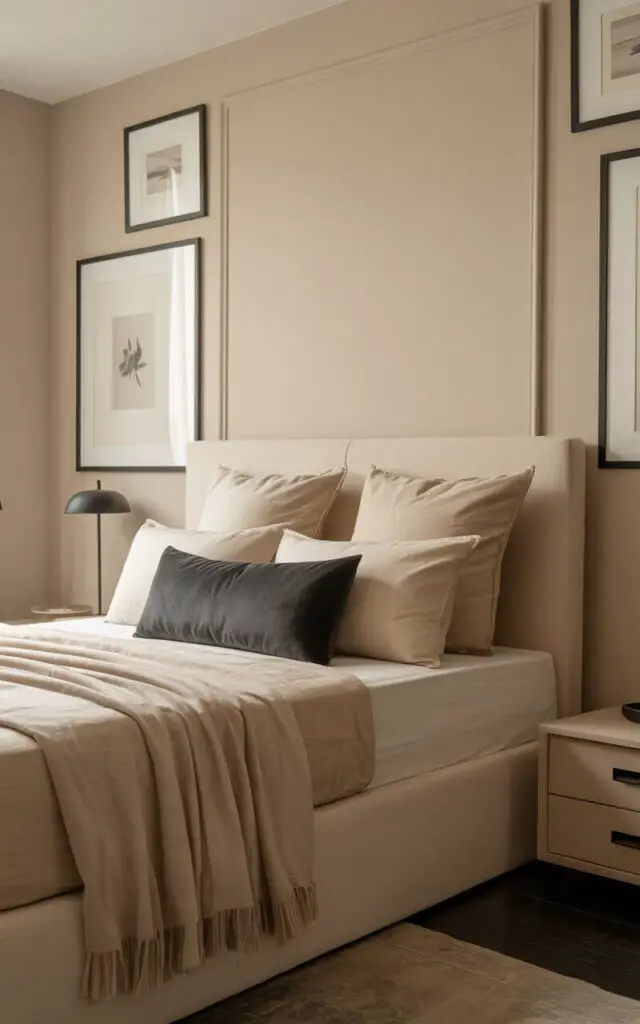 A photograph of a luxuriously styled bed as the central focus within an elegant beige bedroom. The bed is draped in layers of soft beige linens and throws, accented by a striking charcoal grey lumbar pillow, positioned perfectly centered in the frame. Sleek matte black picture frames adorn the pale beige walls, complemented by a modern reading lamp and dark drawer hardware on a nearby pale wood nightstand. Gentle, diffused light streams in from a window, casting a warm glow over the room and highlighting the carefully curated contrast of textures and colors.