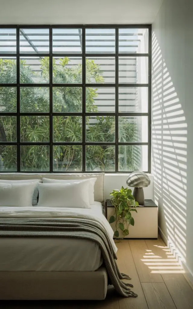 A photograph of a minimalist bedroom centered around a large, black metal-framed window revealing a vibrant green urban landscape. The window's grid panels are precisely aligned, creating a striking architectural detail. Below, a plush upholstered bed with crisp white linen, a textured gray blanket, and oversized pillows sits neatly against the wall; a sculptural lamp and a trailing pothos plant adorn a sleek nightstand beside it. Soft sunlight filters through sheer roller blinds, casting linear shadows across the light oak floor and emphasizing the room's clean lines and tranquil atmosphere.