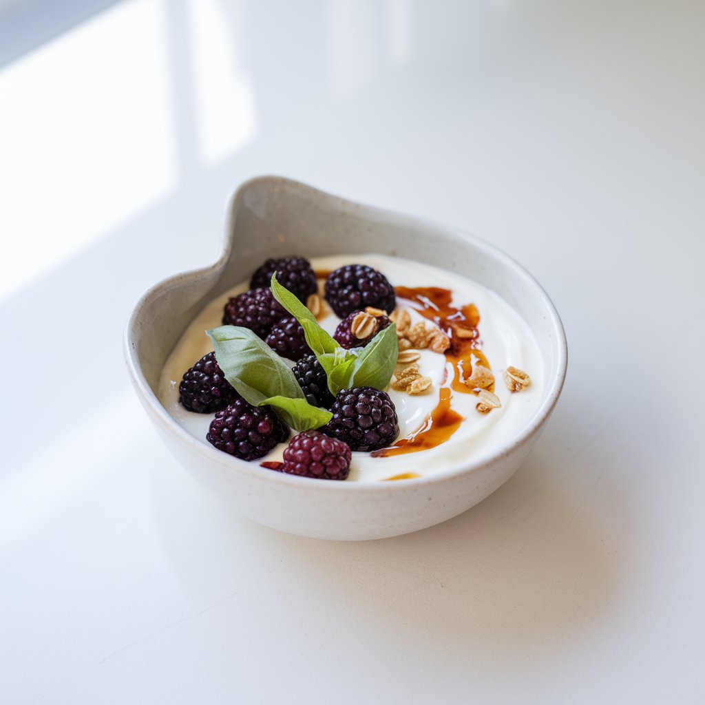 A yogurt bowl served in a modern, round white dish. The bowl contains vanilla yogurt topped with blackberries and julienned basil leaves. A few granola clusters are sprinkled on top. The bowl rests on a bright, plain white kitchen countertop. The natural light highlights the deep purple tones of the blackberries and the glisten of the agave drizzle.