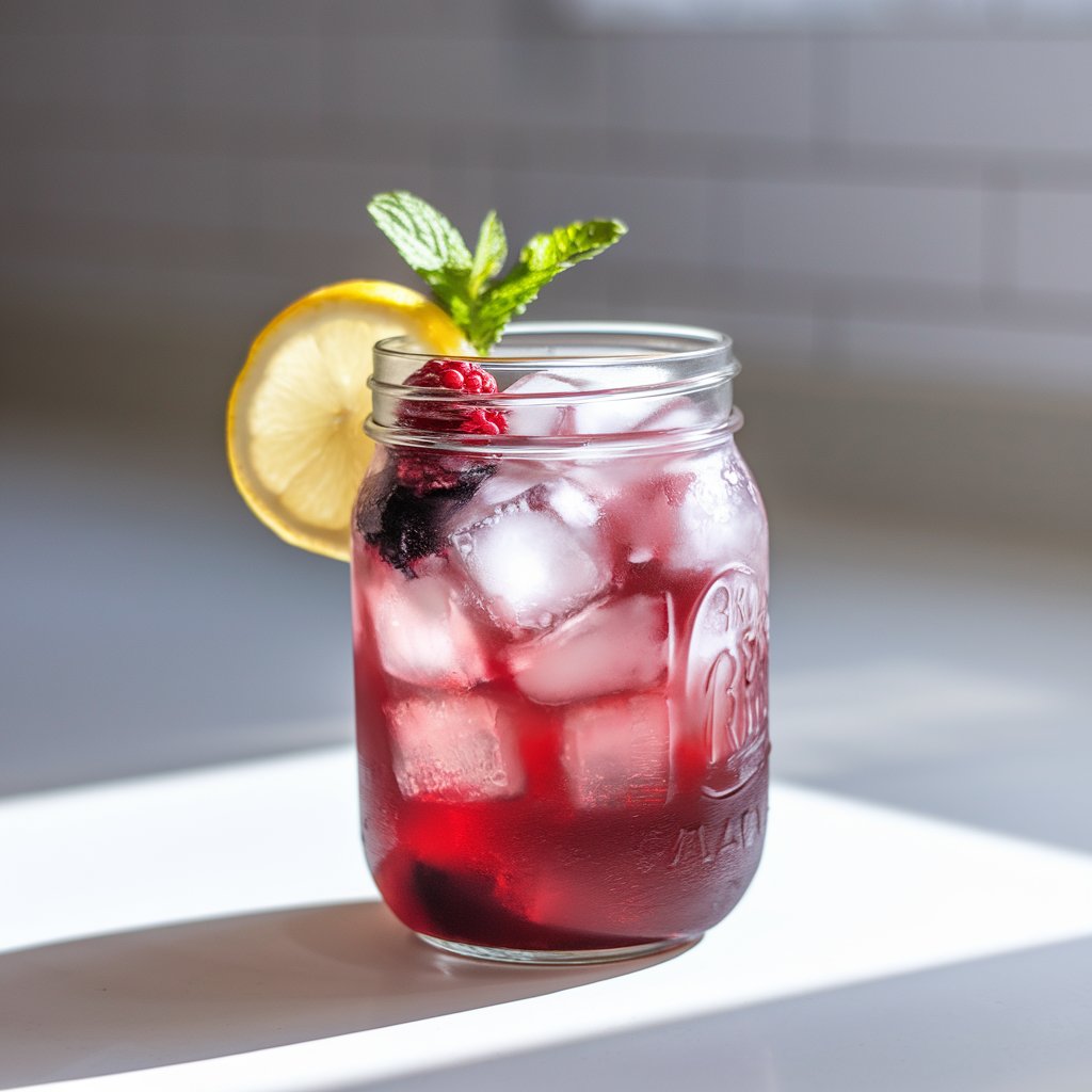 A photo of a mason jar-style glass holding a mulberry-colored summer cocktail. The cocktail is made by layering blackberry purée and lemonade, with ice cubes reaching the top. The drink is garnished with a sprig of mint and a lemon slice, and a blackberry. The glass is placed on a bright plain white kitchen countertop in direct natural light, which enhances the layered effect.