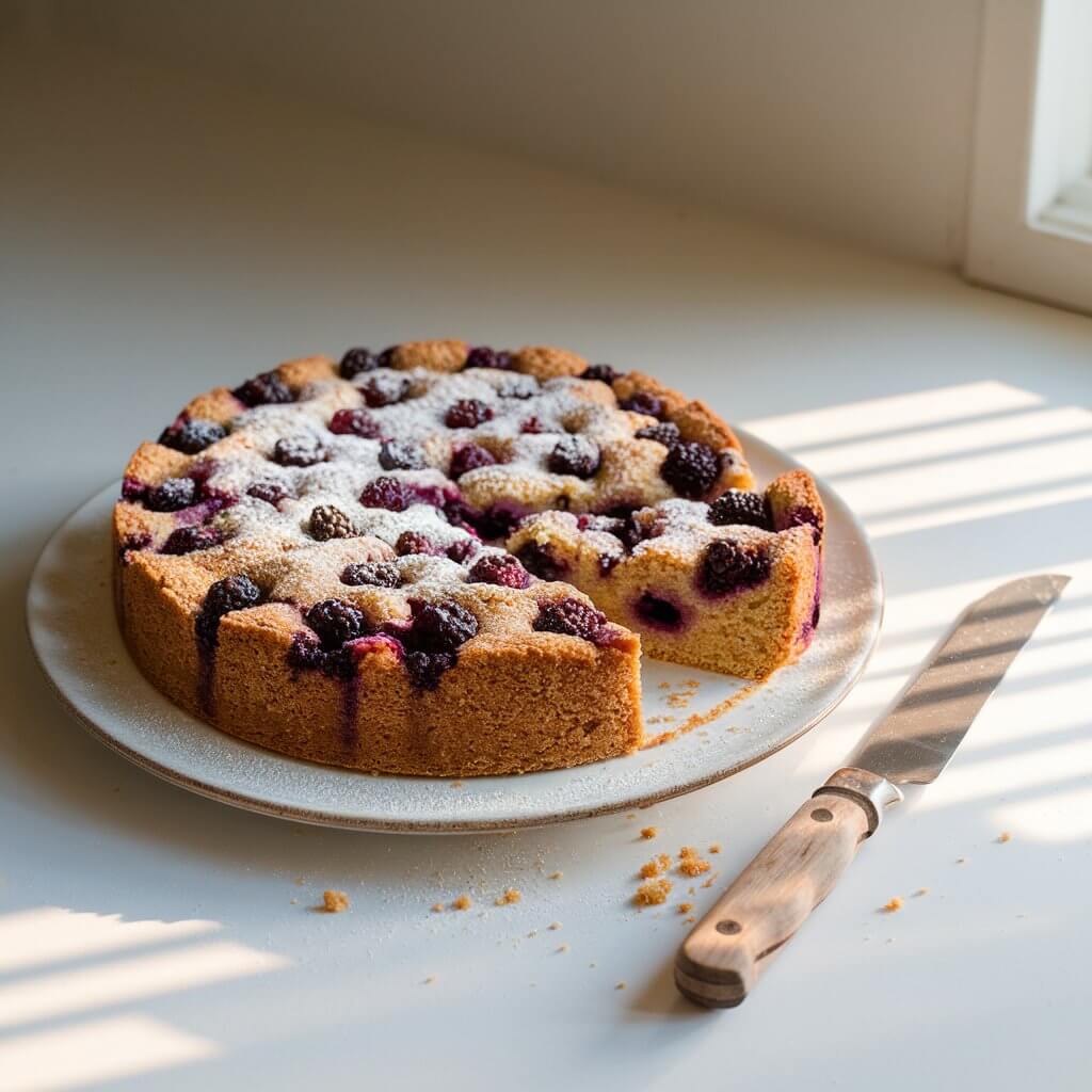 A photo of a round blackberry cornmeal cake on a white ceramic cake plate. The cake has a rustic, golden-yellow crumb and a slightly domed top. Juicy blackberries are baked into the surface, some bursting with juice, creating purple-streaked pockets throughout. The crust is lightly dusted with powdered sugar, and a single slice is cut and slightly pulled away to reveal the moist, coarse interior. The cake is placed on a bright plain white kitchen countertop, lit with warm natural light from the right side that enhances the textured crumb and the rich berry color. A wooden-handled knife rests beside the plate, with crumbs scattered nearby.