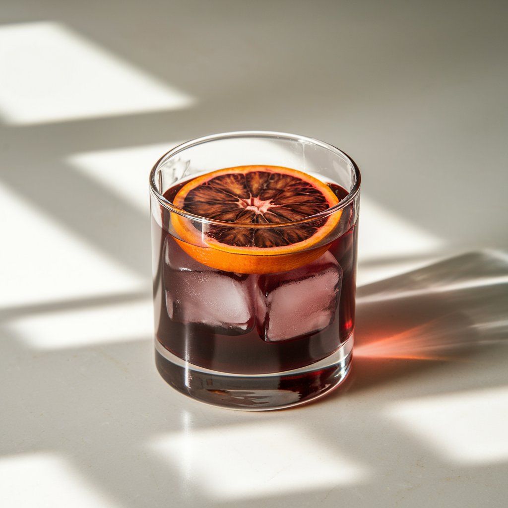 A photo of a classic rocks glass holding a deep crimson summer cocktail with large, crystal-clear ice cubes. A thick round of blood orange floats on the surface, its marbled red flesh striking against the drink's dark hue. The cocktail is placed on a bright plain white kitchen countertop, with natural light casting dramatic shadows through the glass.