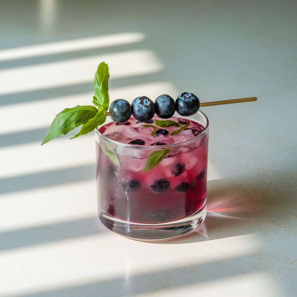 A photo of a short round rocks glass on a bright plain white kitchen countertop. The glass contains a rich magenta-colored summer cocktail, speckled with crushed blueberries and green flecks of muddled basil. A basil sprig and a skewer of three fresh blueberries serve as garnish. The drink is placed on a bright plain white kitchen countertop under diffused natural light, casting soft shadows behind the glass.