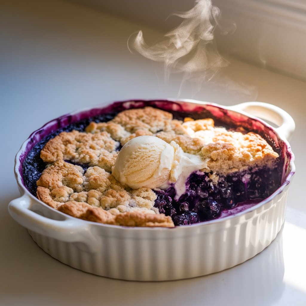 A photo of a round white ceramic baking dish filled with bubbling blueberry cobbler. The deep purple filling is visible through the golden, rustic biscuit topping, which has crisp, uneven edges. The dessert is topped with a scoop of vanilla ice cream, and a scoop has been removed, revealing the juicy interior and allowing steam to rise faintly. The Memorial Day dessert is placed on a bright plain white kitchen countertop, and warm natural light filters from the left, casting soft, inviting shadows.