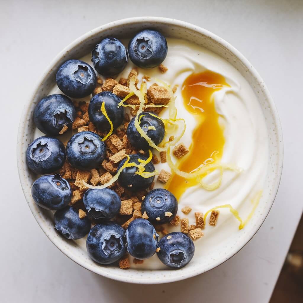 A photo of a yogurt bowl with creamy vanilla yogurt swirled with lemon curd. The bowl is filled with fresh blueberries and crushed graham crackers. Lemon zest is sprinkled on top. The bowl is placed on a white kitchen countertop. The lighting is natural.