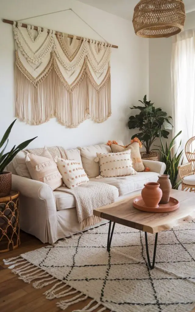 A dreamy boho beige living room filled with texture, pattern, and soul. A very cozy sofa in light beige cotton is adorned with an eclectic mix of tasseled cushions, mudcloth prints, and woven throws. The wall behind it features a macramé hanging in cream and sand tones. A low mango wood coffee table holds terra cotta planters, while a fringed rug in ivory adds softness underfoot. Rattan armchair, plants in woven baskets, and mismatched pottery complete the scene. The vibe is relaxed, creative, and lovingly collected—boho without trying too hard.